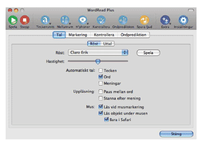 Bild på verktygsrad och inställning för tal