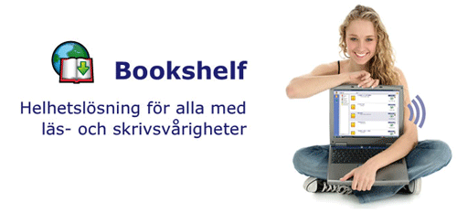 Bild på tjej med dator och logga för Bookshelf
